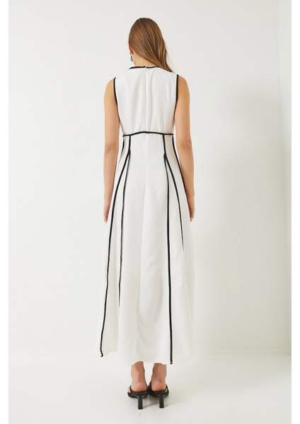 Kadın V Yaka Biye Detaylı Bağlamalı Astarlı Uzun Keten Elbise indirimleri