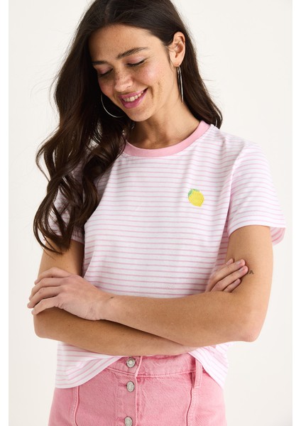 Kadın Limon Nakışlı Çizgili Pamuklu Basic T-Shirt