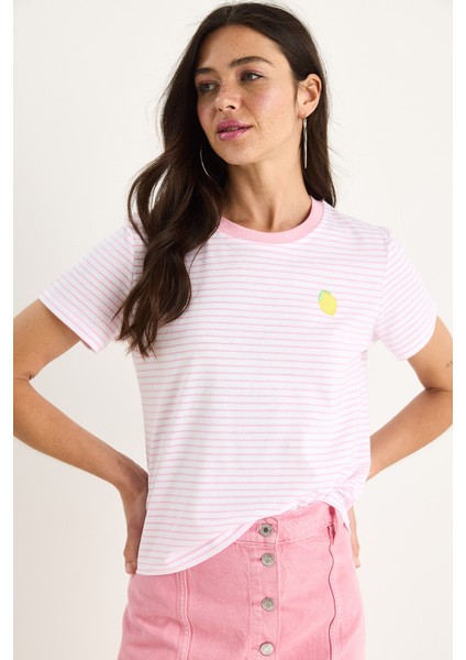 Kadın Limon Nakışlı Çizgili Pamuklu Basic T-Shirt fiyatları