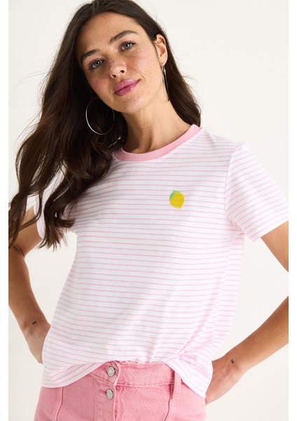 Kadın Limon Nakışlı Çizgili Pamuklu Basic T-Shirt modelleri