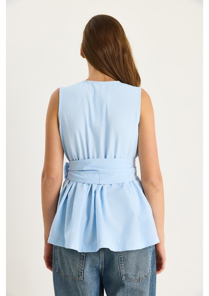 Kadın Beli Lastikli Kruvaze Yaka Kuşaklı Poplin Bluz fırsatları