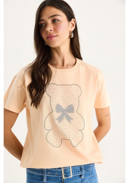 Kadın Teddy Kurdele Detaylı Taşlı T-Shirt