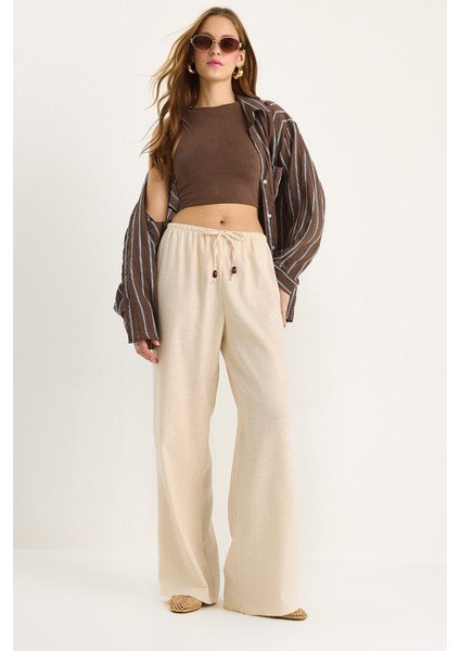 Kadın Bel Bağlamalı Ince Keten Yazlık Bol Pantolon