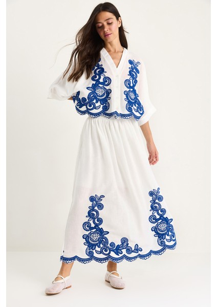 Kadın Nakış Detaylı Yarasa Kol Gömlek Astarlı Etek Alt-Üst Takım