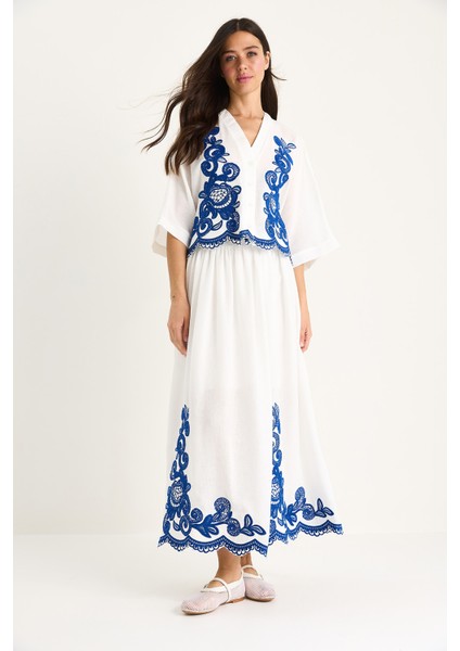 Kadın Nakış Detaylı Yarasa Kol Gömlek Astarlı Etek Alt-Üst Takım fiyatları