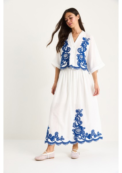 Kadın Nakış Detaylı Yarasa Kol Gömlek Astarlı Etek Alt-Üst Takım modelleri