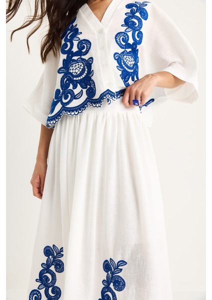 Kadın Nakış Detaylı Yarasa Kol Gömlek Astarlı Etek Alt-Üst Takım fırsatları