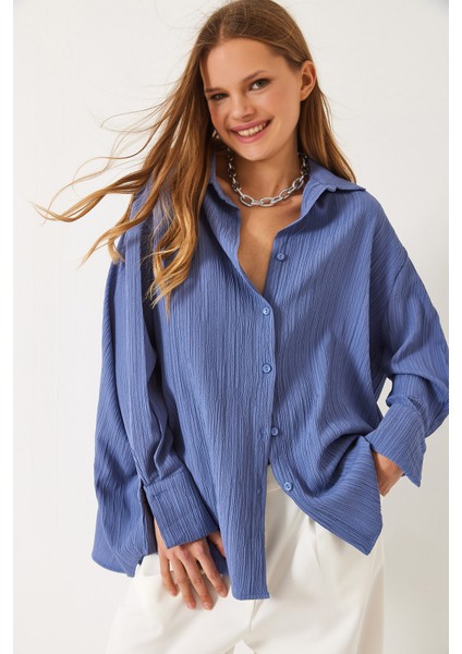 Kadın Düşük Omuz Oversize Basic Bürümcük Gömlek