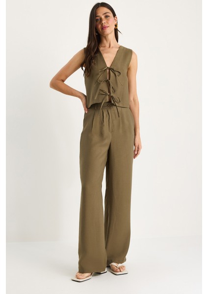 Kadın Bağlamalı Yelek Yüksek Bel Bol Pantolonlu Modal Alt-Üst Takım