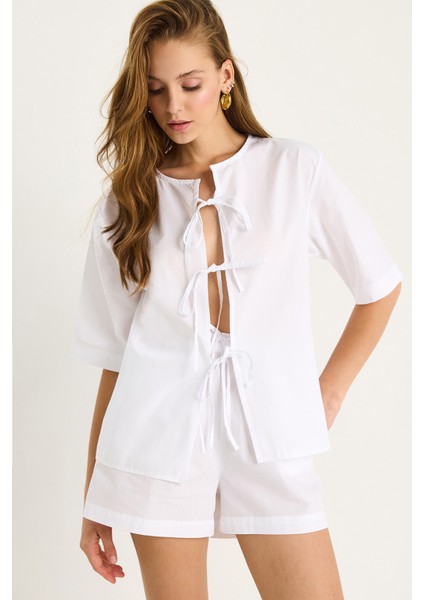 Kadın Masai Bağlamalı Gömlek Beli Lastikli Cep Detaylı Şort Poplin Takım