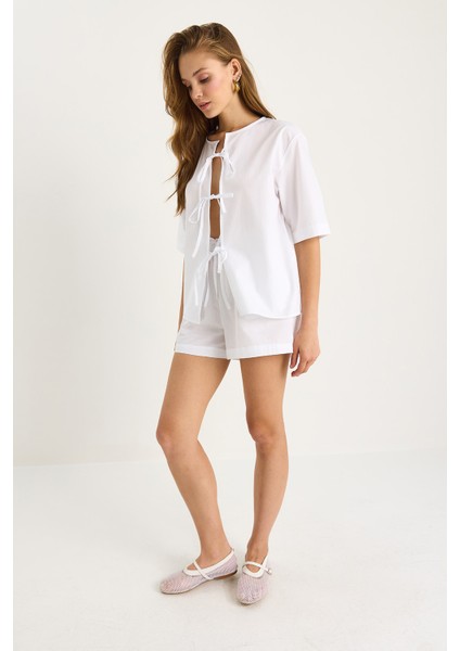Kadın Masai Bağlamalı Gömlek Beli Lastikli Cep Detaylı Şort Poplin Takım fiyatları