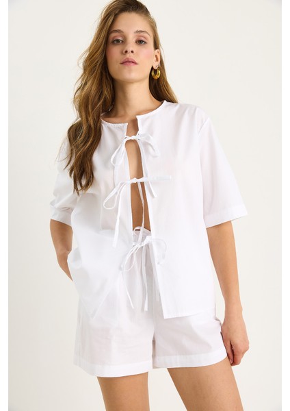 Kadın Masai Bağlamalı Gömlek Beli Lastikli Cep Detaylı Şort Poplin Takım fırsatları