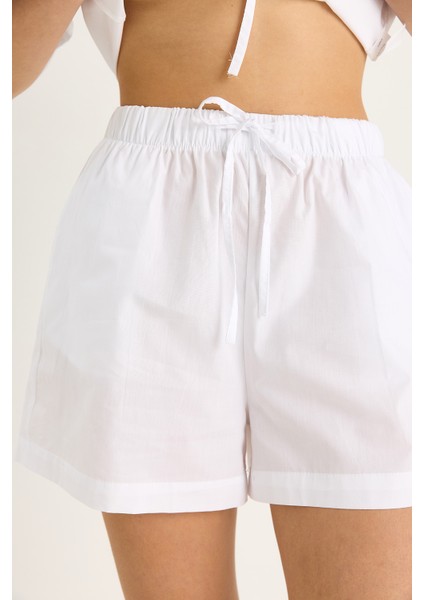 Kadın Masai Bağlamalı Gömlek Beli Lastikli Cep Detaylı Şort Poplin Takım indirimleri