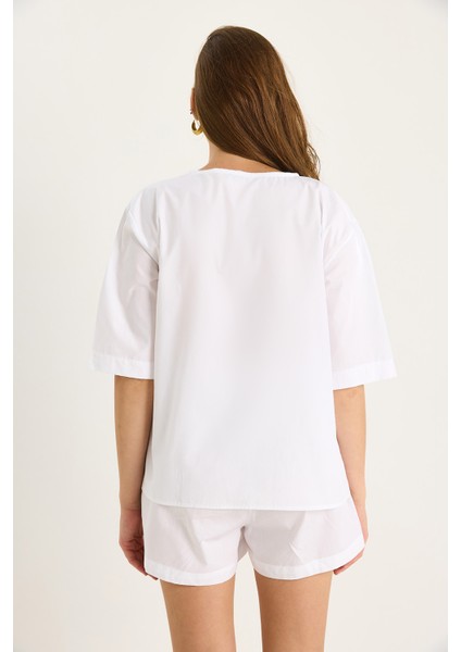 Kadın Masai Bağlamalı Gömlek Beli Lastikli Cep Detaylı Şort Poplin Takım