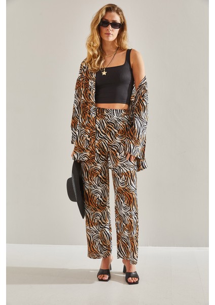 Kadın Desenli Beli Lastikli Pantolonlu Kimonolu Alt Üst Takım