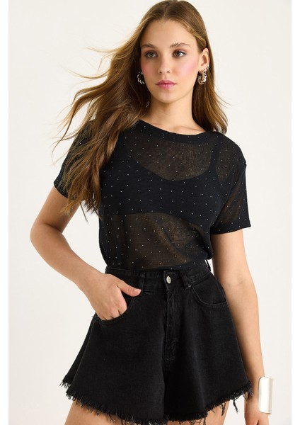 Kadın Bisiklet Yaka Desenli Dijital Baskılı Regular Yazlık Örme T-Shirt