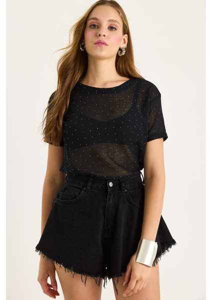 Kadın Bisiklet Yaka Desenli Dijital Baskılı Regular Yazlık Örme T-Shirt modelleri