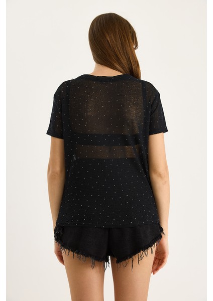 Kadın Bisiklet Yaka Desenli Dijital Baskılı Regular Yazlık Örme T-Shirt