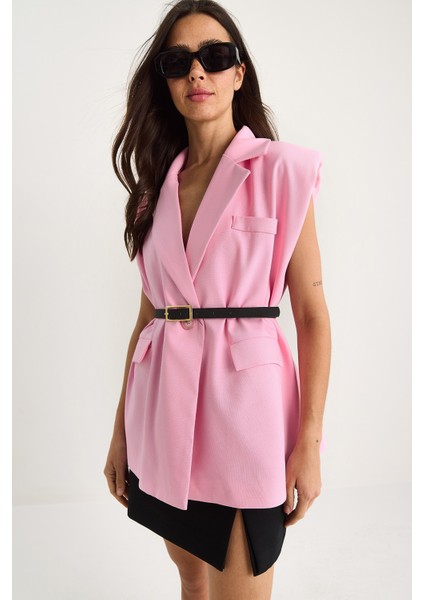 Kadın Cep Detaylı Kemerli Vatkalı Oversize Astarlı Blazer Yelek