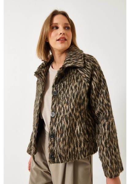 Kadın Leopar Desenli Reglan Kollu Şardonlu Ceket modelleri