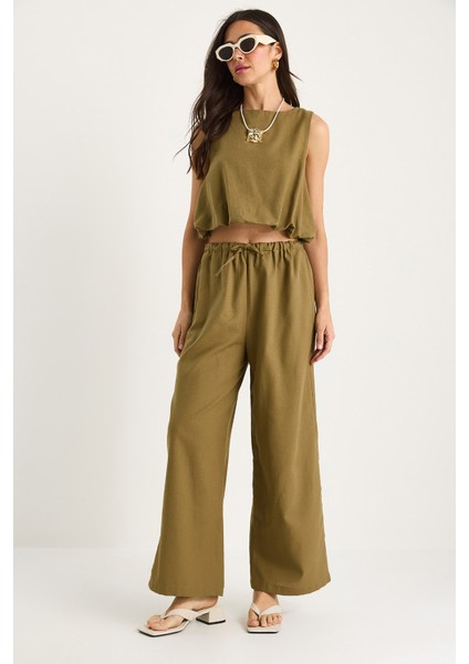 Kadın Balon Detaylı Bluz Palazzo Pantolonlu Keten Alt-Üst Takım