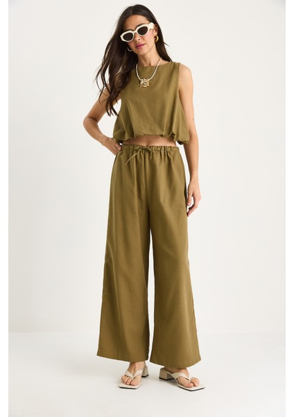 Kadın Balon Detaylı Bluz Palazzo Pantolonlu Keten Alt-Üst Takım fiyatları