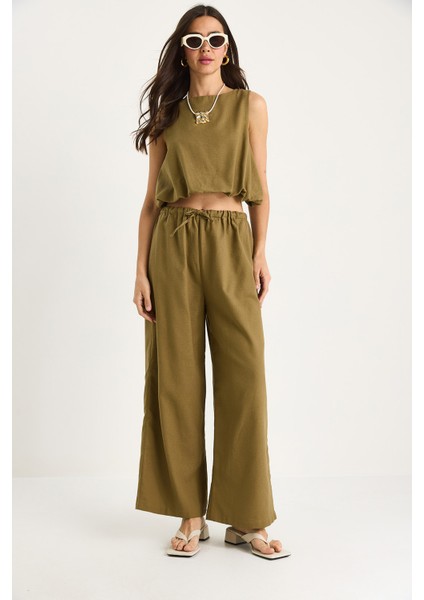 Kadın Balon Detaylı Bluz Palazzo Pantolonlu Keten Alt-Üst Takım modelleri