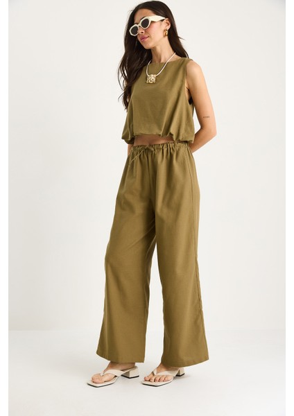 Kadın Balon Detaylı Bluz Palazzo Pantolonlu Keten Alt-Üst Takım fırsatları