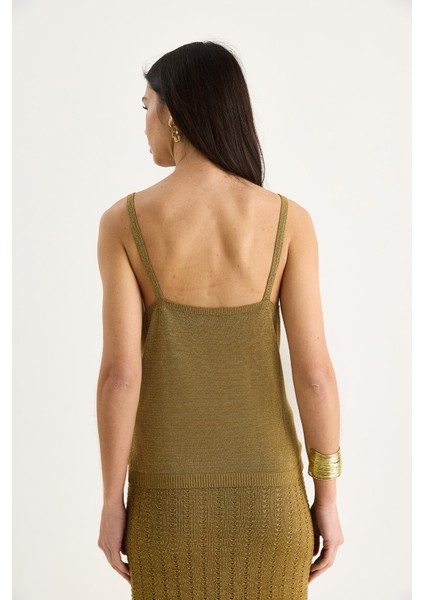 Kadın Kendinden Simli Ajurlu Belden Bağlamalı Anvelop Etek Askılı Bluz Takım