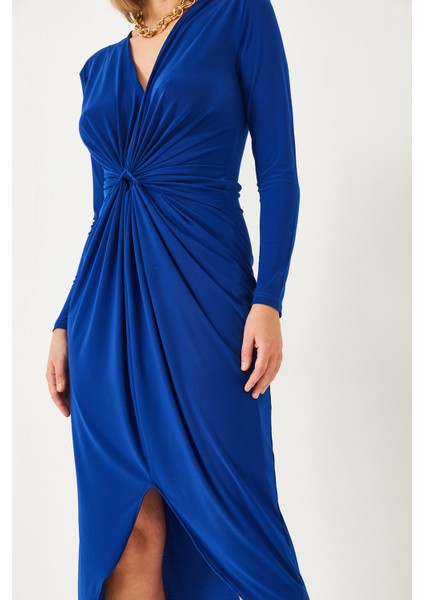 Kadın V Yaka Önü Büzgülü Candy Kumaş Elbise