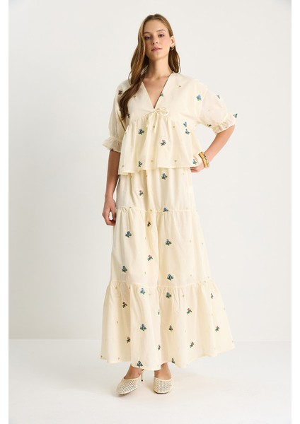 Kadın Çiçek Nakış Detaylı Önden Bağlamalı Bluz Beli Lastikli Astarlı Etek Keten Takım fiyatları