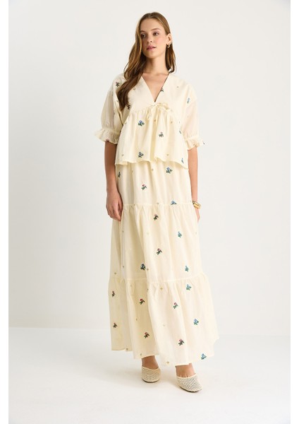 Kadın Çiçek Nakış Detaylı Önden Bağlamalı Bluz Beli Lastikli Astarlı Etek Keten Takım fırsatları