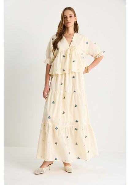 Kadın Çiçek Nakış Detaylı Önden Bağlamalı Bluz Beli Lastikli Astarlı Etek Keten Takım indirimleri