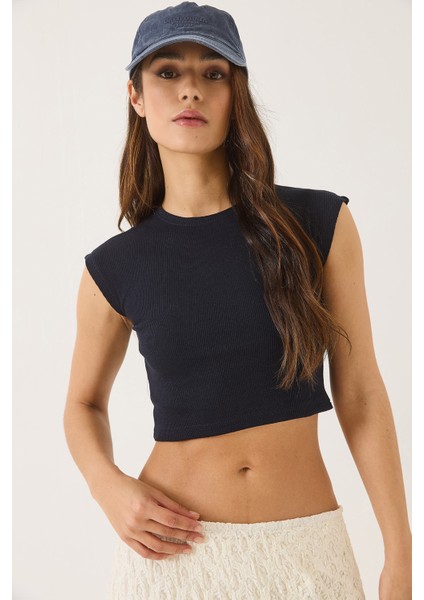 Kadın Bisiklet Yaka Kısa Kollu Basic Kaşkorse Crop Top T-Shirt fiyatları