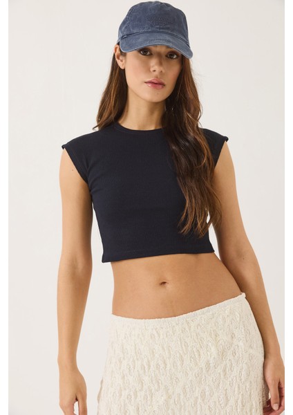 Kadın Bisiklet Yaka Kısa Kollu Basic Kaşkorse Crop Top T-Shirt modelleri