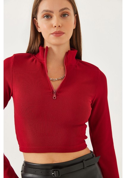Kadın Balıkçı Yaka Yarım Fermuarlı Fitilli Crop Bluz