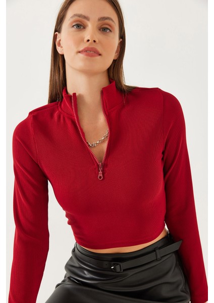 Kadın Balıkçı Yaka Yarım Fermuarlı Fitilli Crop Bluz fiyatları