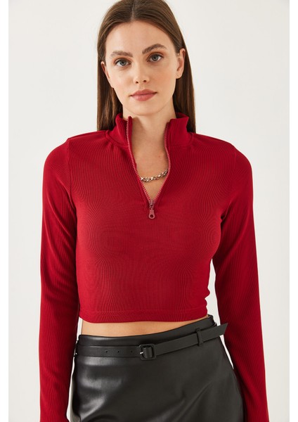 Kadın Balıkçı Yaka Yarım Fermuarlı Fitilli Crop Bluz modelleri