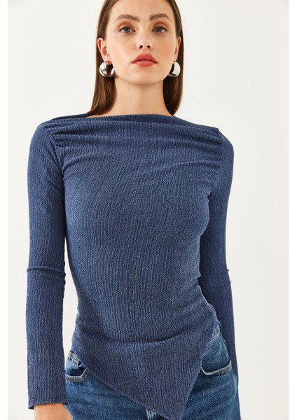 Kadın Drapeli Kayık Yaka Asimetrik Örme Bluz