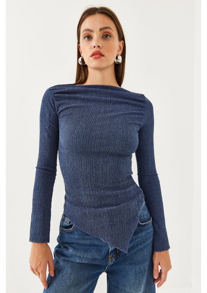 Kadın Drapeli Kayık Yaka Asimetrik Örme Bluz fiyatları