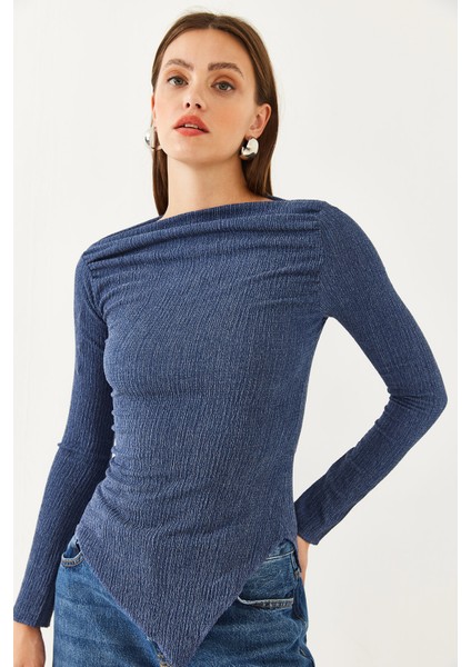 Kadın Drapeli Kayık Yaka Asimetrik Örme Bluz modelleri