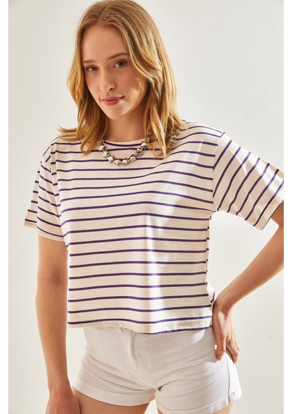 Kadın Bisiklet Yaka Çizgili T-Shirt