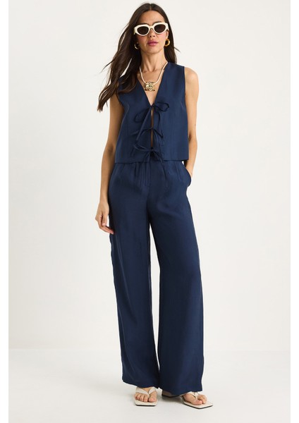 Kadın Bağlamalı Yelek Yüksek Bel Bol Pantolonlu Modal Alt-Üst Takım