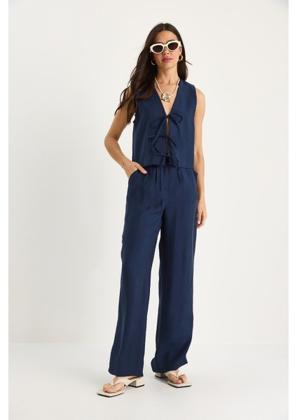 Kadın Bağlamalı Yelek Yüksek Bel Bol Pantolonlu Modal Alt-Üst Takım fiyatları