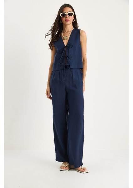 Kadın Bağlamalı Yelek Yüksek Bel Bol Pantolonlu Modal Alt-Üst Takım fırsatları