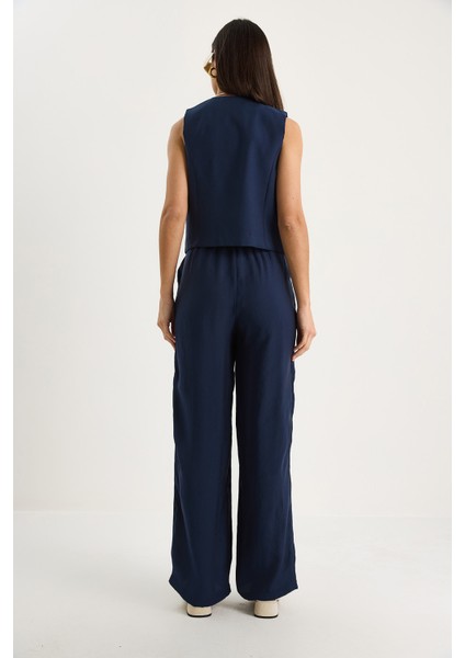 Kadın Bağlamalı Yelek Yüksek Bel Bol Pantolonlu Modal Alt-Üst Takım