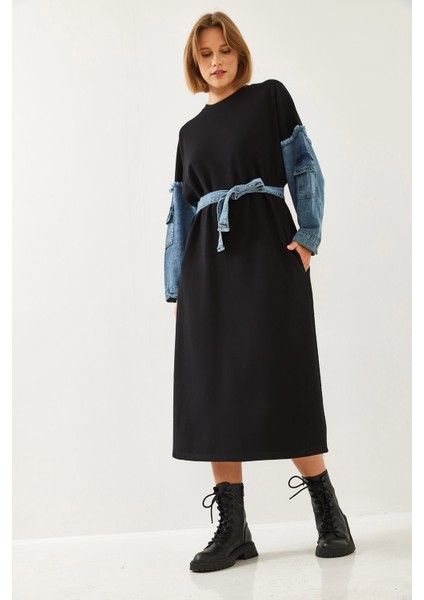 Kadın Kolları Denim Detaylı Elbise fiyatları