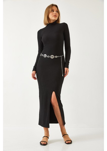 Kadın Yarım Balıkçı Yaka Ottoman Kumaş Uzun Elbise