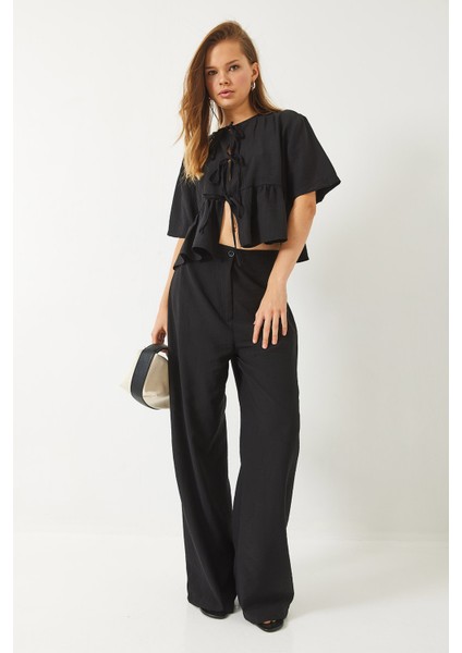 Kadın Bağlama Detaylı Kısa Kollu Bluz Pantolon Alt-Üst Takım