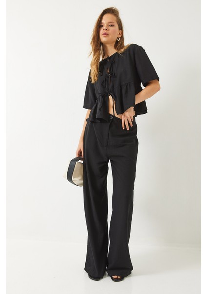 Kadın Bağlama Detaylı Kısa Kollu Bluz Pantolon Alt-Üst Takım fiyatları